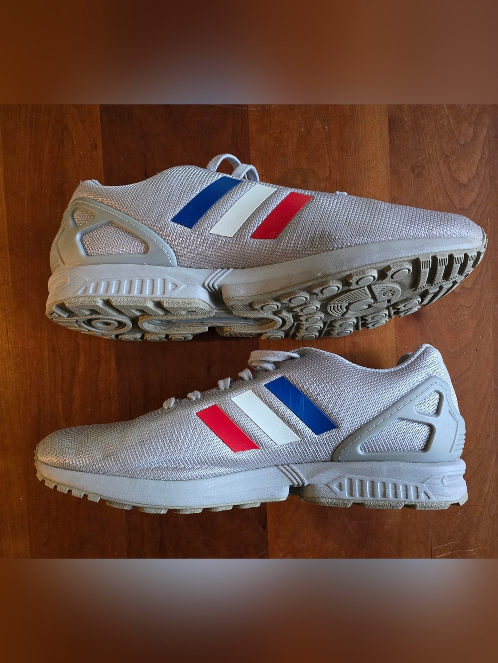 Adidas, ZX Flux Torsion, Silver Athletic Sneakers with Red, White,& Blue Stripes